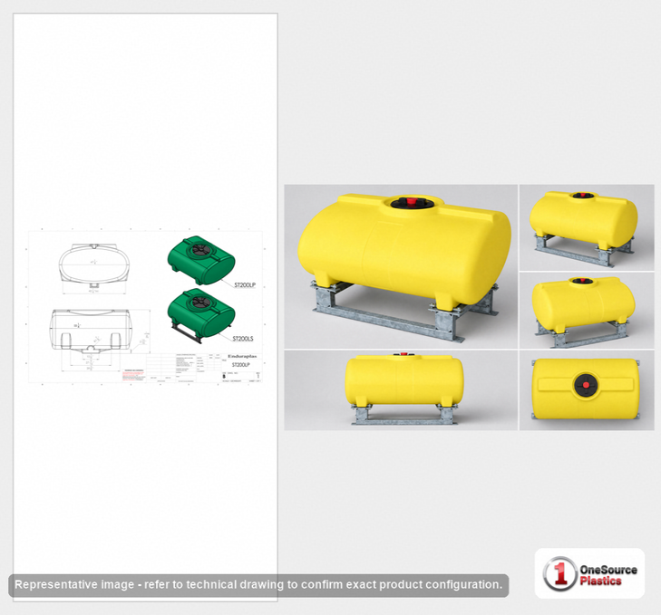 Dimensional spec drawing for Enduraplas 200 Gallon Horizontal Leg Tank (55" L x 47" W x 32" H)