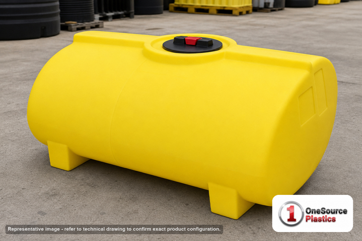 Enduraplas 250 Gallon Yellow Horizontal Sump Bottom Leg Tank. Polyethylene; Yellow; 37" H x 47" W x 55" L; fittings: 1