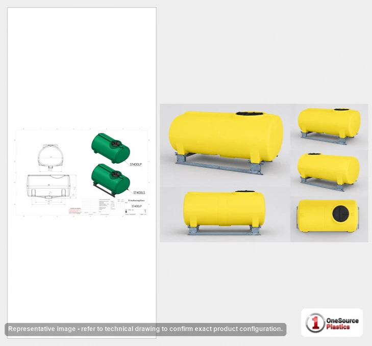 Dimensional spec drawing for Enduraplas 400 Gallon Horizontal Leg Tank (74" L x 46" W x 45" H)