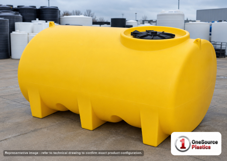 Enduraplas 500 Gallon Yellow Horizontal Sump Bottom Leg Tank. Polyethylene; Yellow; dimensions 48.0in H x 57.0in W x 80.0in L; 200.0 lb empty; 1.9 specific gravity rating; fittings: 1 Manway / Lid; 10 Year Warranty with Activation. Manufacturer part number THD00500Y. Sold by OneSource Plastics (https://www.onesourceplastics.com).