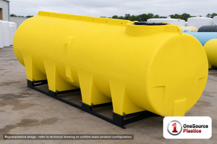 Enduraplas 1010 Gallon Yellow Horizontal Sump Bottom Leg Tank w/ Frame. Polyethylene; Yellow; dimensions 59.0in H x 49.0in W x 130.0in L; 400.0 lb empty; 1.9 specific gravity rating; fittings: 1 Manway / Lid; 10 Year Warranty with Activation. Manufacturer part number THD01010KY. Sold by OneSource Plastics (https://www.onesourceplastics.com).
