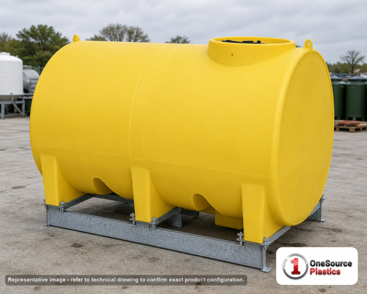 Enduraplas 1200 Gallon Yellow Horizontal Sump Bottom Leg Tank w/ Frame. Polyethylene; Yellow; 64" H x 70" W x 102" L