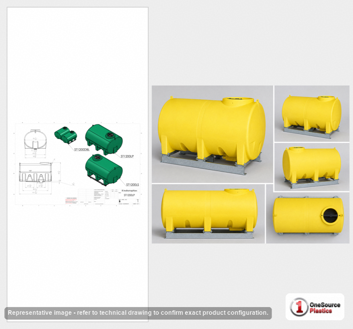 Dimensional spec drawing for Enduraplas 1200 Gallon Horizontal Leg Tank (102" L x 70" W x 64" H)