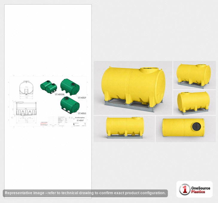 Dimensional spec drawing for Enduraplas 1400 Gallon Horizontal Leg Tank (102" L x 70" W x 71" H)