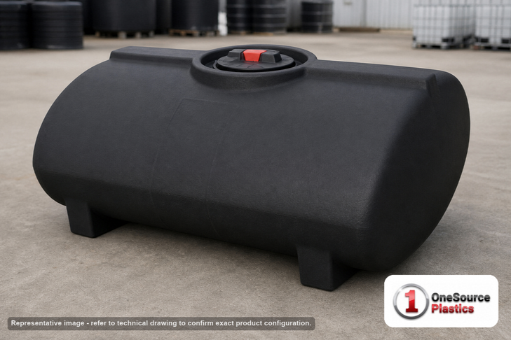 Enduraplas 200 Gallon Black Horizontal Sump Bottom Leg Tank. Polyethylene; Black; dimensions 31.0in H x 47.0in W x 55.0in L; 88.0 lb empty; 1.9 specific gravity rating; fittings: 1 Manway / Lid; 10 Year Warranty with Activation. Manufacturer part number THD00200B. Sold by OneSource Plastics (https://www.onesourceplastics.com).