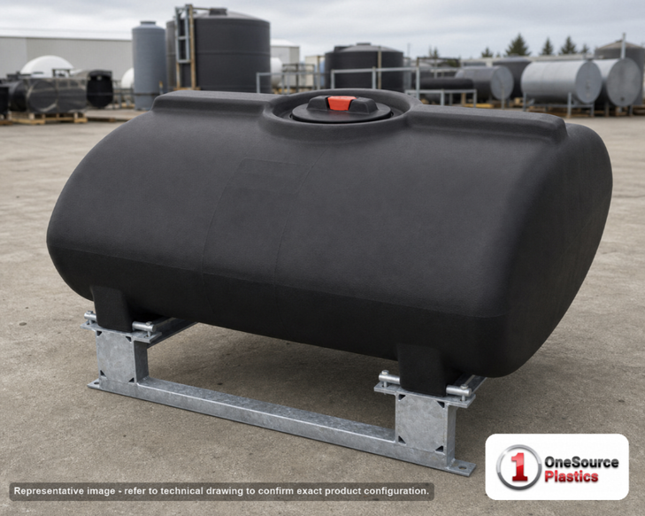 Enduraplas 200 Gallon Black Horizontal Sump Bottom Leg Tank w/ Frame. Polyethylene; Black; 32" H x 47" W x 55" L; fittings: