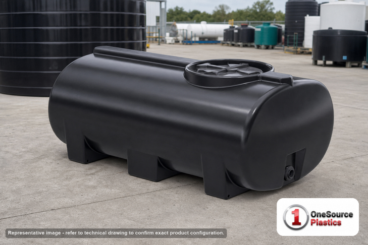 Enduraplas 300 Gallon Black Horizontal Sump Bottom Leg Tank. Polyethylene; Black; dimensions 34.0in H x 46.0in W x 74.0in L; 154.0 lb empty; 1.9 specific gravity rating; fittings: 1 Manway / Lid; 10 Year Warranty with Activation. Manufacturer part number THD00300B. Sold by OneSource Plastics (https://www.onesourceplastics.com).