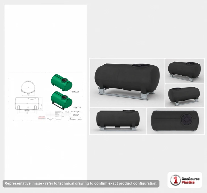 Dimensional spec drawing for Enduraplas 400 Gallon Horizontal Leg Tank (74" L x 46" W x 45" H)