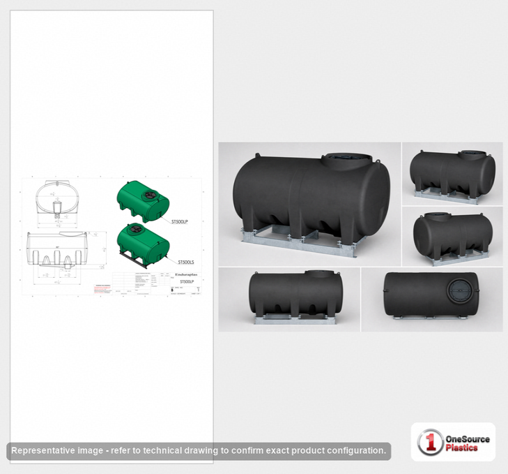 Dimensional spec drawing for Enduraplas 500 Gallon Horizontal Leg Tank (80" L x 57" W x 49" H)