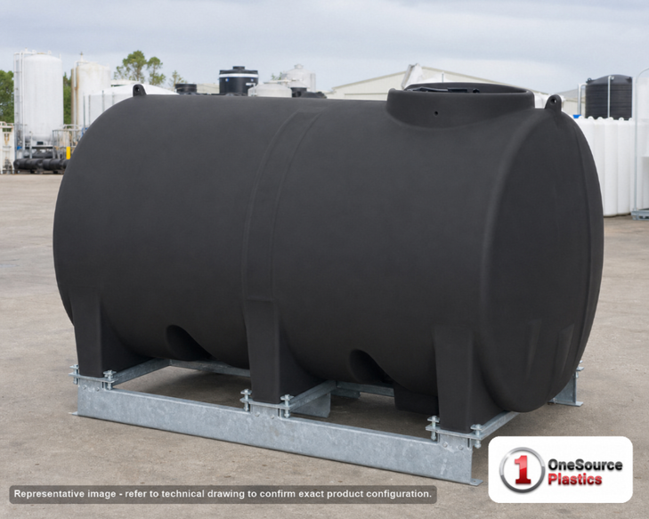 Enduraplas 1000 Gallon Black Horizontal Sump Bottom Leg Tank w/ Frame. Polyethylene; Black; dimensions 71.0in H x 60.0in W x 94.0in L; 400.0 lb empty; 1.9 specific gravity rating; fittings: 1 Manway / Lid; 10 Year Warranty with Activation. Manufacturer part number THD01000KB. Sold by OneSource Plastics (https://www.onesourceplastics.com).