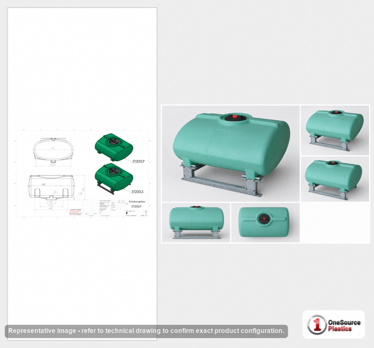 Dimensional spec drawing for Enduraplas 200 Gallon Horizontal Leg Tank (55" L x 47" W x 32" H)