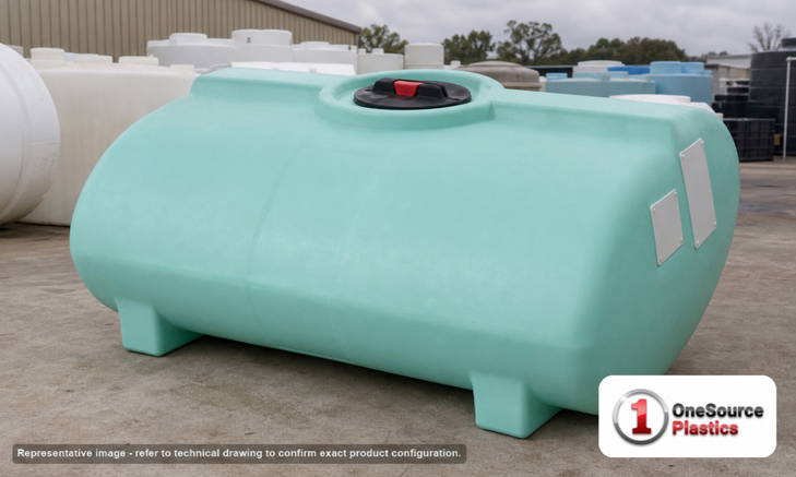Enduraplas 250 Gallon Green Horizontal Sump Bottom Leg Tank. Polyethylene; Green; dimensions 37.0in H x 47.0in W x 55.0in L; 110.0 lb empty; 1.9 specific gravity rating; fittings: 1 Manway / Lid; 10 Year Warranty with Activation. Manufacturer part number THD00250G. Sold by OneSource Plastics (https://www.onesourceplastics.com).