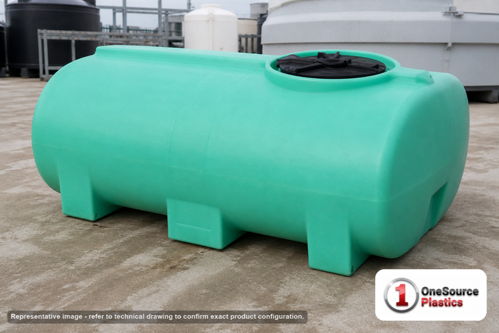 Enduraplas 300 Gallon Green Horizontal Sump Bottom Leg Tank. Polyethylene; Green; dimensions 34.0in H x 46.0in W x 74.0in L; 154.0 lb empty; 1.9 specific gravity rating; fittings: 1 Manway / Lid; 10 Year Warranty with Activation. Manufacturer part number THD00300G. Sold by OneSource Plastics (https://www.onesourceplastics.com).