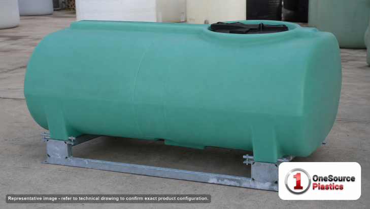 Enduraplas 400 Gallon Green Horizontal Sump Bottom Leg Tank w/ Frame. Polyethylene; Green; dimensions 45.0in H x 46.0in W x 74.0in L; 260.0 lb empty; 1.9 specific gravity rating; fittings: 1 Manway / Lid; 10 Year Warranty with Activation. Manufacturer part number THD00400KG. Sold by OneSource Plastics (https://www.onesourceplastics.com).