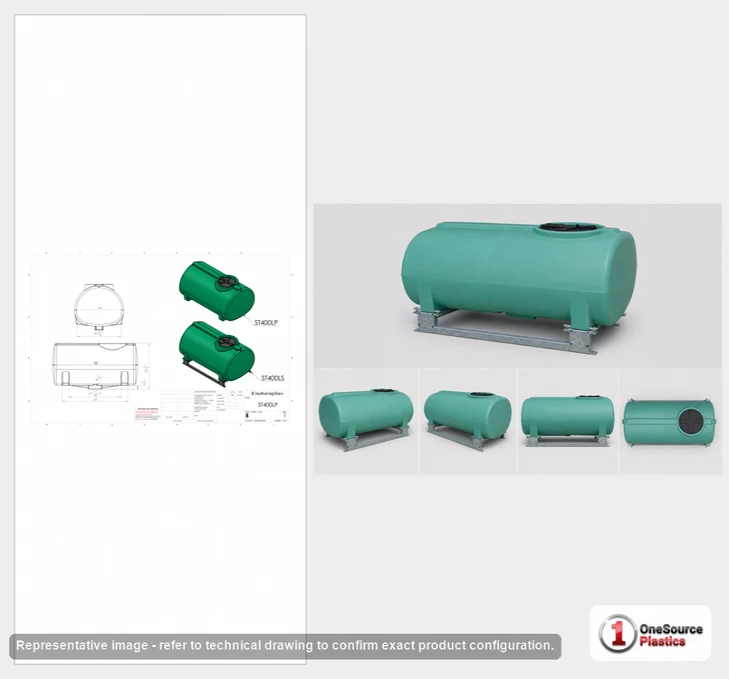 Dimensional spec drawing for Enduraplas 400 Gallon Horizontal Leg Tank (74" L x 46" W x 45" H)
