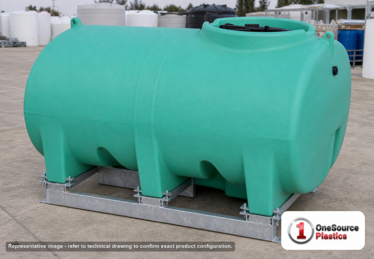 Enduraplas 800 Gallon Green Horizontal Sump Bottom Leg Tank w/ Frame. Polyethylene; Green; dimensions 56.0in H x 60.0in W x 94.0in L; 341.0 lb empty; 1.9 specific gravity rating; fittings: 1 Manway / Lid; 10 Year Warranty with Activation. Manufacturer part number THD00800KG. Sold by OneSource Plastics (https://www.onesourceplastics.com).