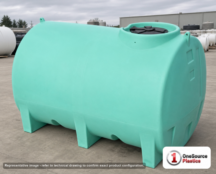 Enduraplas 1000 Gallon Green Horizontal Sump Bottom Leg Tank. Polyethylene; Green; dimensions 70.0in H x 60.0in W x 94.0in L; 400.0 lb empty; 1.9 specific gravity rating; fittings: 1 Manway / Lid; 10 Year Warranty with Activation. Manufacturer part number THD01000G. Sold by OneSource Plastics (https://www.onesourceplastics.com).