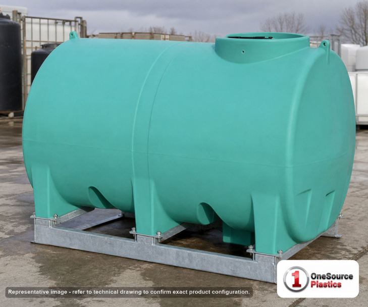 Enduraplas 1000 Gallon Green Horizontal Sump Bottom Leg Tank w/ Frame. Polyethylene; Green; dimensions 71.0in H x 60.0in W x 94.0in L; 400.0 lb empty; 1.9 specific gravity rating; fittings: 1 Manway / Lid; 10 Year Warranty with Activation. Manufacturer part number THD01000KG. Sold by OneSource Plastics (https://www.onesourceplastics.com).