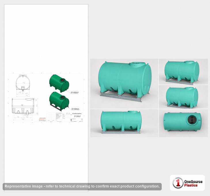 Dimensional spec drawing for Enduraplas 1000 Gallon Horizontal Leg Tank (94" L x 60" W x 71" H)