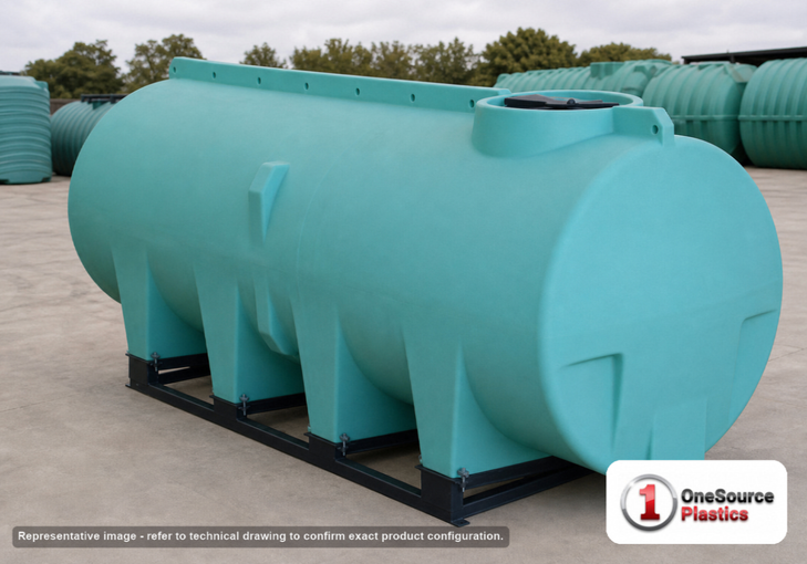 Enduraplas 1010 Gallon Green Horizontal Sump Bottom Leg Tank w/ Frame. Polyethylene; Green; dimensions 59.0in H x 49.0in W x 130.0in L; 400.0 lb empty; 1.9 specific gravity rating; fittings: 1 Manway / Lid; 10 Year Warranty with Activation. Manufacturer part number THD01010KG. Sold by OneSource Plastics (https://www.onesourceplastics.com).