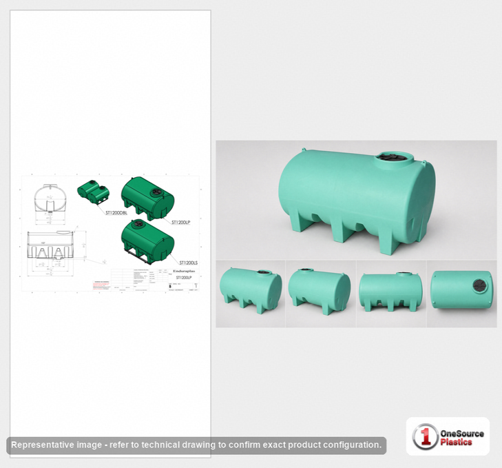 Dimensional spec drawing for Enduraplas 1200 Gallon Horizontal Leg Tank (102" L x 70" W x 63" H)