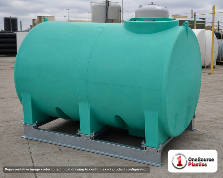 Enduraplas 1200 Gallon Green Horizontal Sump Bottom Leg Tank w/ Frame. Polyethylene; Green; dimensions 64.0in H x 70.0in W x 102.0in L; 495.0 lb empty; 1.9 specific gravity rating; fittings: 1 Manway / Lid; 10 Year Warranty with Activation. Manufacturer part number THD01200KG. Sold by OneSource Plastics (https://www.onesourceplastics.com).