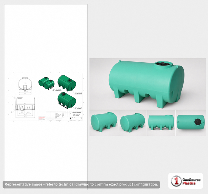 Dimensional spec drawing for Enduraplas 1400 Gallon Horizontal Leg Tank (102" L x 70" W x 70" H)