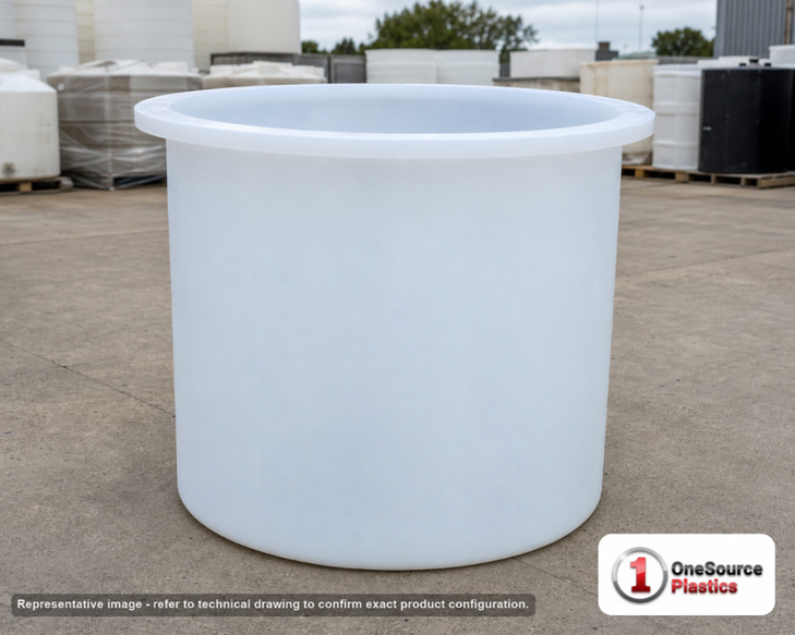 Chem-Tainer 85 Gallon PP Cylindrical Open Top Tank. Polypropylene; Natural White; 32" H x 28" W x 28" L; max temp 212 deg F
