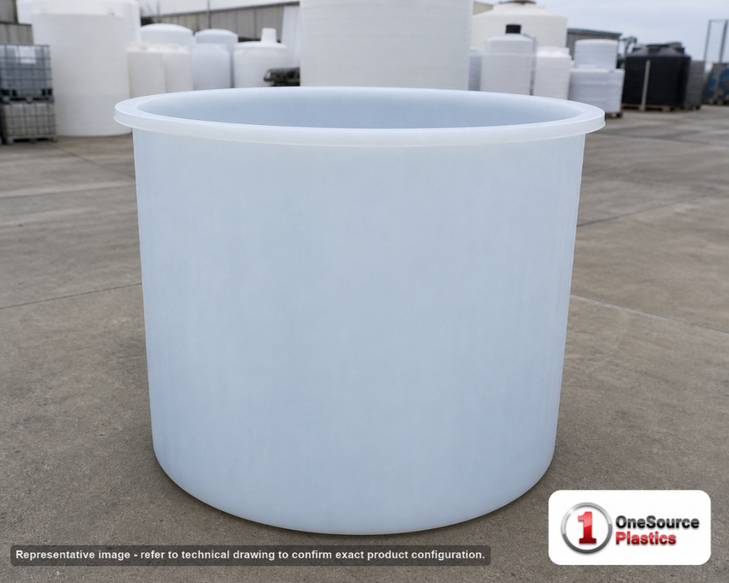 Chem-Tainer 360 Gallon PP Cylindrical Open Top Tank. Polypropylene; Natural White; 48" H x 48" W x 48" L; max temp 212 deg F