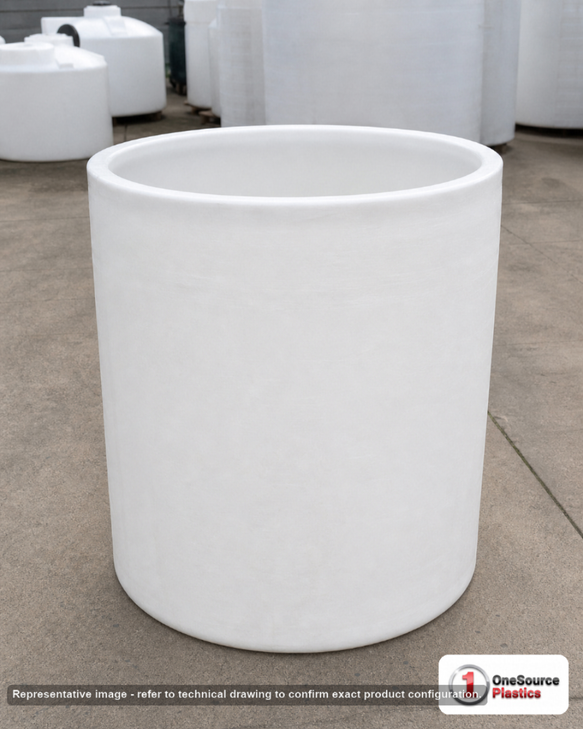 Snyder Industries 290 Gallon Open Top Containment Tank (VOT). High Density Linear Polyethylene; White; dimensions 47.0in H x 42.0in W x 42.0in L; 100.0 lb empty; 1.9 specific gravity rating. Manufacturer part number SII-1550300N45. Sold by OneSource Plastics (https://www.onesourceplastics.com).