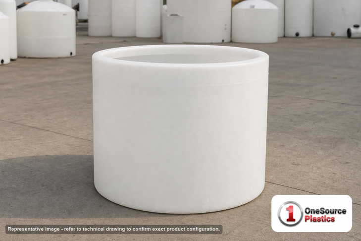 Snyder Industries 290 Gallon Open Top Containment Tank (VOT) Sulfuric Acid Storage. High Density Linear Polyethylene; White; dimensions 47.0in H x 42.0in W x 42.0in L; 100.0 lb empty; 1.9 specific gravity rating. Manufacturer part number SII-1550300N30. Sold by OneSource Plastics (https://www.onesourceplastics.com).