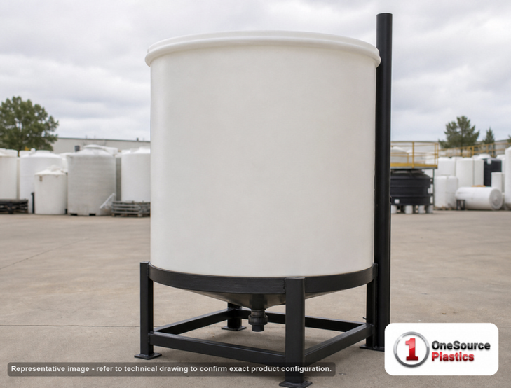 Chem-Tainer 100 Gallon 15 Degree Plastic Vertical Cone Bottom Tank. 100.0 gallon capacity; Polyethylene; dimensions 36.0in H x 30.0in W x 30.0in L; 2.0 specific gravity rating. Manufacturer part number TC3036CB. Sold by OneSource Plastics (https://www.onesourceplastics.com).