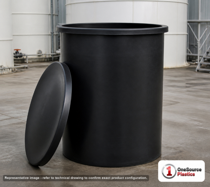 Chem-Tainer 200 Gallon Plastic Open Top Batch Storage Tank in Black. 200 gallon capacity; Polyethylene; Black; 48" H x 36" W