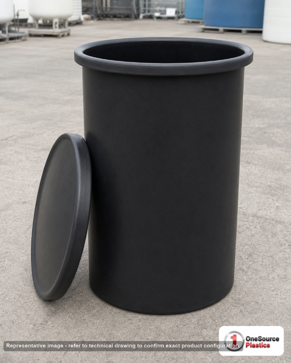 Chem-Tainer 260 Gallon Plastic Open Top Batch Storage Tank in Black. 260.0 gallon capacity; Polyethylene; Black; dimensions 53.0in H x 39.0in W x 39.0in L; 80.0 lb empty; 2.0 specific gravity rating. Manufacturer part number TC3953AA-BLACK. Sold by OneSource Plastics (https://www.onesourceplastics.com).