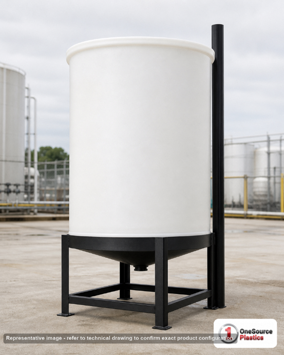 Chem-Tainer 55 Gallon 15 Degree Plastic Vertical Cone Bottom Tank. 55.0 gallon capacity; Polypropylene; dimensions 36.0in H x 22.0in W x 22.0in L; 2.0 specific gravity rating. Manufacturer part number TC2236CB. Sold by OneSource Plastics (https://www.onesourceplastics.com).