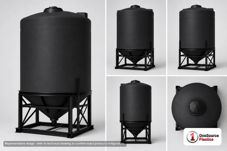Dimensional spec drawing for Snyder 3600 Gallon Cone Bottom Tank (102" L x 102" W x 125" H)