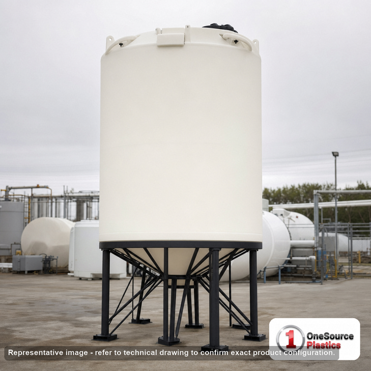 Snyder Industries 6500 Gallon XLPE Heavy Duty Cone Bottom Tank. 6500 gallon capacity; Crosslinked Linear Polyethylene; Natural White; dimensions 273.0in H x 90.0in W x 90.0in L; 2800.0 lb empty; 1.9 specific gravity rating; 30-degree cone bottom; fittings: 1 Manway / Lid; max temp 100 deg  F / 37 deg  C. Manufacturer part number 7180000n42. Manufactured by Snyder. Sold by OneSource Plastics (https://www.onesourceplastics.com).
