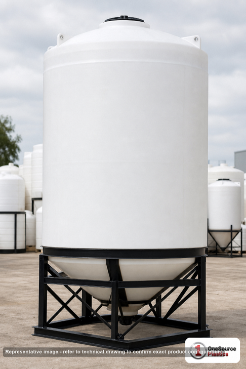Snyder Industries 6500 Gallon XLPE Cone Bottom Tank. 6500 gallon capacity; Crosslinked Linear Polyethylene; Natural White; dimensions 273.0in H x 90.0in W x 90.0in L; 2100.0 lb empty; 1.5 specific gravity rating; 30-degree cone bottom; fittings: 1 Manway / Lid; max temp 100 deg  F / 37 deg  C. Manufacturer part number 7180000n40. Manufactured by Snyder. Sold by OneSource Plastics (https://www.onesourceplastics.com).