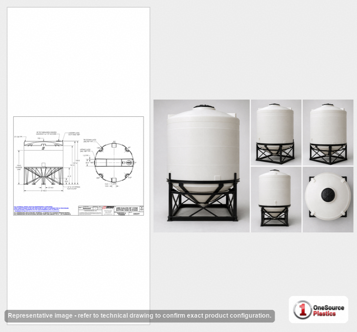 Dimensional spec drawing for Snyder 6000 Gallon Cone Bottom Tank (142" L x 142" W x 136" H)