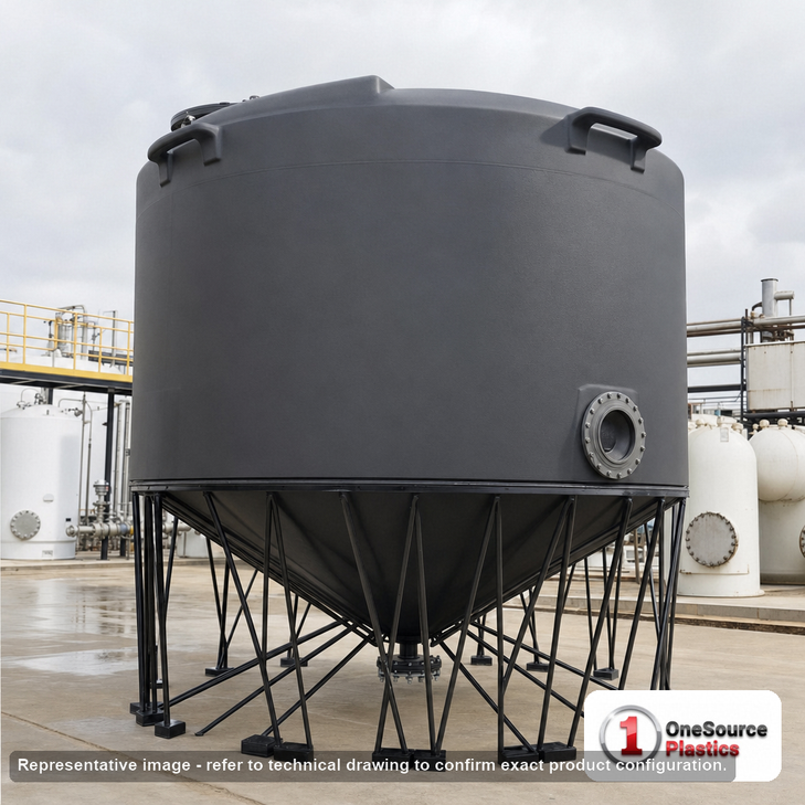 Snyder Industries 6000 Gallon XLPE Heavy Duty Cone Bottom Tank. 6000 gallon capacity; Crosslinked Linear Polyethylene; Black; dimensions 136.0in H x 142.0in W x 142.0in L; 1250.0 lb empty; 1.9 specific gravity rating; 30-degree cone bottom; fittings: 1 Manway / Lid; max temp 100 deg  F / 37 deg  C. Manufacturer part number 5280200n48. Manufactured by Snyder. Sold by OneSource Plastics (https://www.onesourceplastics.com).