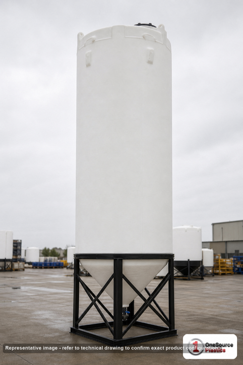 Snyder Industries 5500 Gallon XLPE Cone Bottom Tank. Crosslinked Linear Polyethylene; Natural White; dimensions 241.0in H x 90.0in W x 90.0in L; 1500.0 lb empty; 1.5 specific gravity rating; fittings: 1 Manway / Lid; max temp 100 deg  F / 37 deg  C. Manufacturer part number 7040000n40. Sold by OneSource Plastics (https://www.onesourceplastics.com).