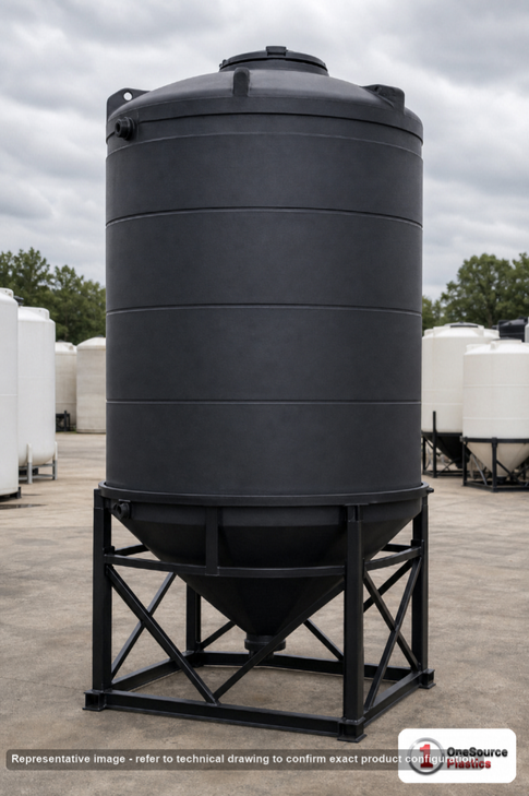 Snyder Industries 4400 Gallon XLPE Cone Bottom Tank. 4400 gallon capacity; Crosslinked Linear Polyethylene; Black; dimensions 200.0in H x 90.0in W x 90.0in L; 1400.0 lb empty; 1.5 specific gravity rating; 30-degree cone bottom; fittings: 1 Manway / Lid; max temp 100 deg  F / 37 deg  C. Manufacturer part number 5200000n46. Manufactured by Snyder. Sold by OneSource Plastics (https://www.onesourceplastics.com).