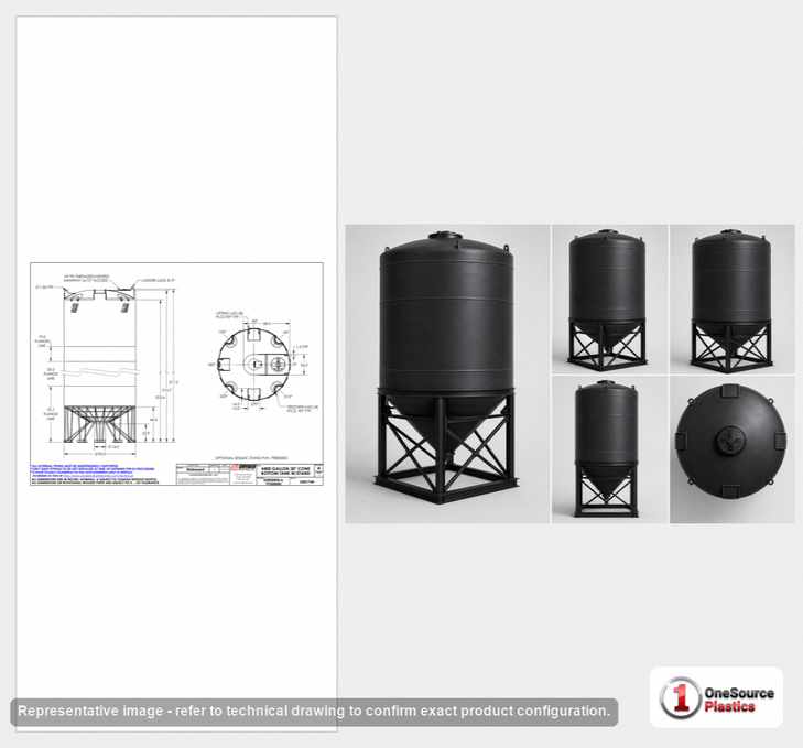 Dimensional spec drawing for Snyder 4400 Gallon Cone Bottom Tank (90" L x 90" W x 200" H)