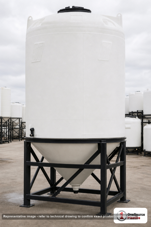 Snyder Industries 4100 Gallon XLPE Heavy Duty Cone Bottom Tank. Crosslinked Linear Polyethylene; Natural White; dimensions 197.0in H x 90.0in W x 90.0in L; 1500.0 lb empty; 1.9 specific gravity rating; fittings: 1 Manway / Lid; max temp 100 deg  F / 37 deg  C. Manufacturer part number 5180000n42. Sold by OneSource Plastics (https://www.onesourceplastics.com).