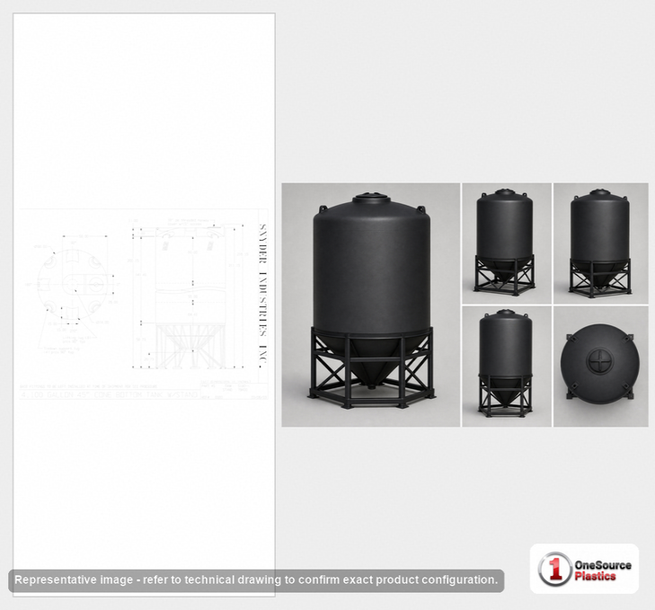 Dimensional spec drawing for Snyder 4100 Gallon Cone Bottom Tank (90" L x 90" W x 197" H)