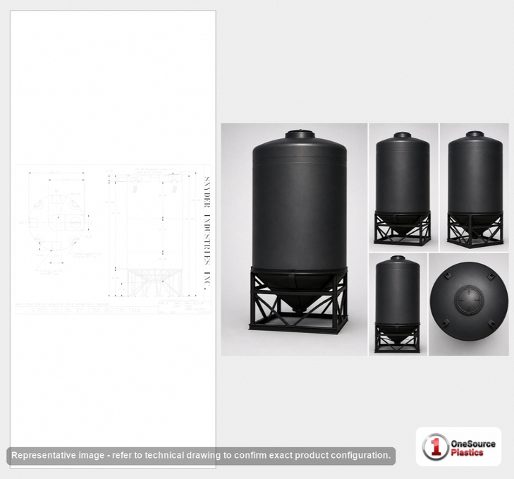 Dimensional spec drawing for Snyder 3900 Gallon Cone Bottom Tank (90" L x 90" W x 180" H)