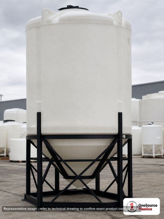 Snyder Industries 2600 Gallon XLPE Heavy Duty Cone Bottom Tank. Crosslinked Linear Polyethylene; Natural White; dimensions 139.0in H x 90.0in W x 90.0in L; 570.0 lb empty; 1.9 specific gravity rating; fittings: 1 Manway / Lid; max temp 100 deg  F / 37 deg  C. Manufacturer part number 5100000n42. Sold by OneSource Plastics (https://www.onesourceplastics.com).
