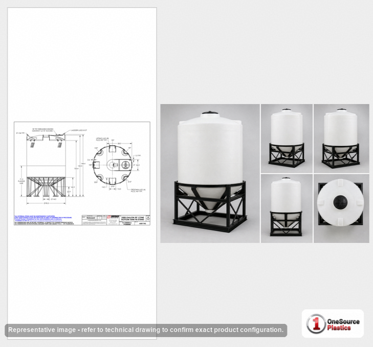 Dimensional spec drawing for Snyder 2500 Gallon Cone Bottom Tank (90" L x 90" W x 125" H)