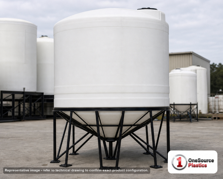 Snyder Industries 2500 Gallon XLPE Heavy Duty Cone Bottom Tank. Crosslinked Linear Polyethylene; Natural White; dimensions 104.0in H x 95.0in W x 95.0in L; 547.0 lb empty; 1.9 specific gravity rating; fittings: 1 Manway / Lid; max temp 100 deg  F / 37 deg  C. Manufacturer part number 8350000n42. Sold by OneSource Plastics (https://www.onesourceplastics.com).