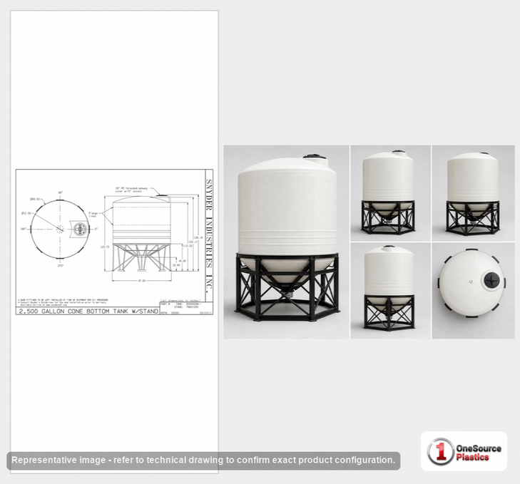 Dimensional spec drawing for Snyder 2500 Gallon Cone Bottom Tank (95" L x 95" W x 104" H)